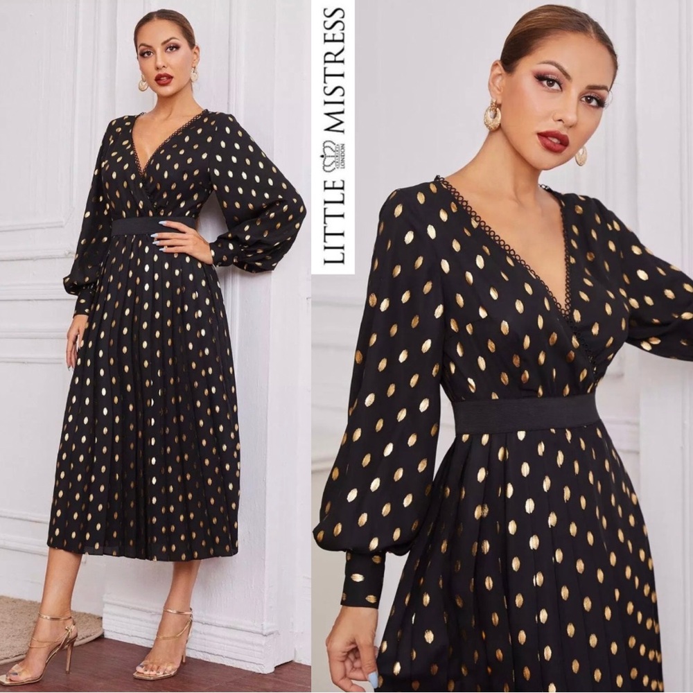 Little Mistress Black with Gold Details Satin Dress Fancy Cuffs Size 10 Stretchy